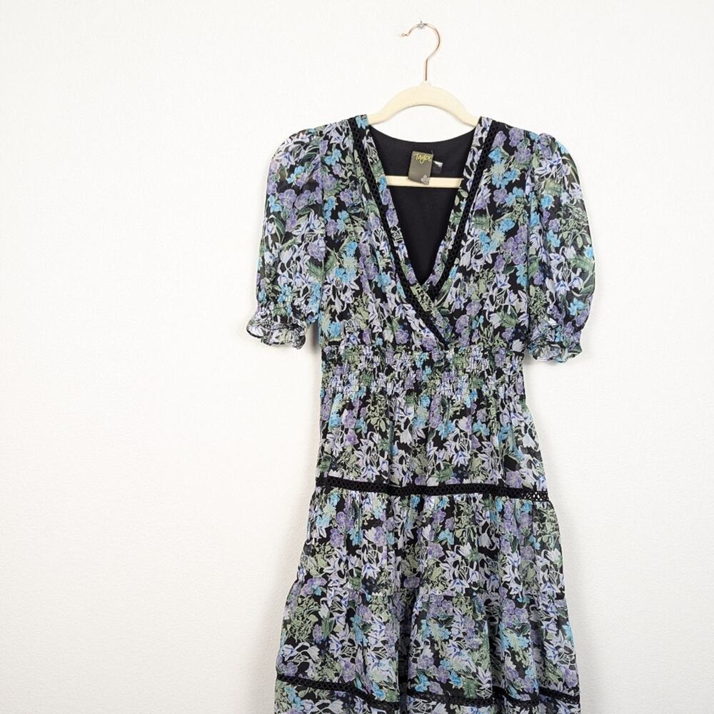 Taylor Mini Dress 2 Blue Purple Floral Chiffon Puff Sleeve Feminine - Picture 3 of 9